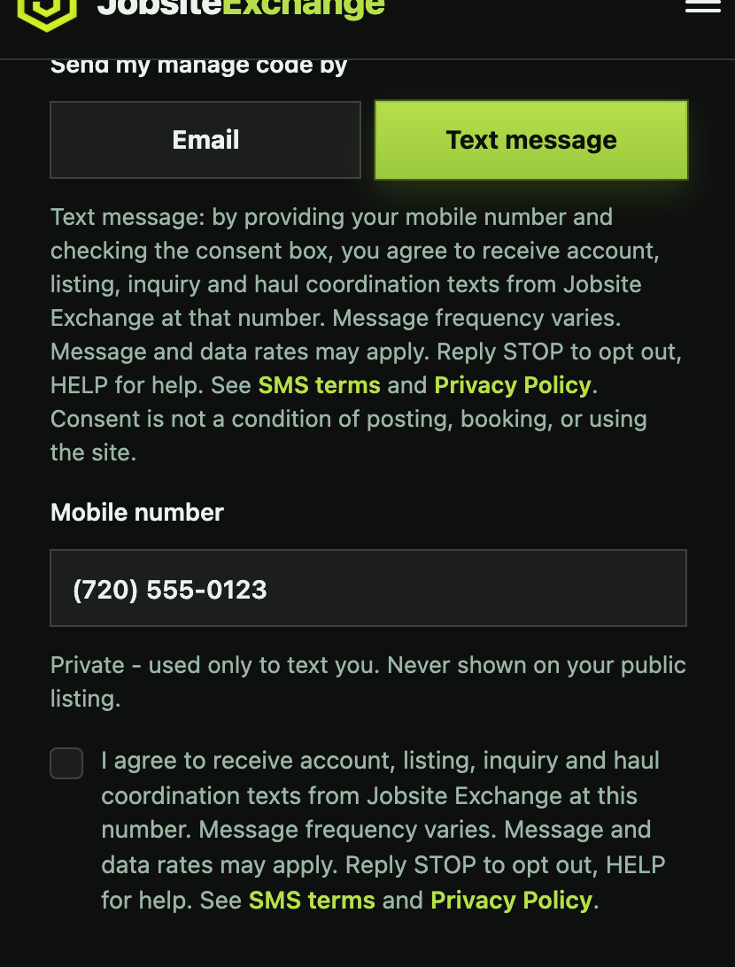 The same Jobsite Exchange SMS consent step rendered on a mobile viewport.